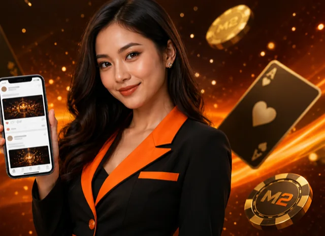 Woman in a black and orange blazer holding up a phone, beside an ace of spades and M2 chips