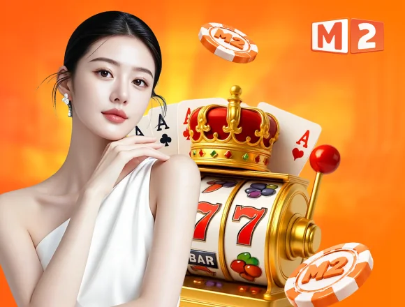 Woman beside a gold slot machine topped with a crown, with aces and M2 chips