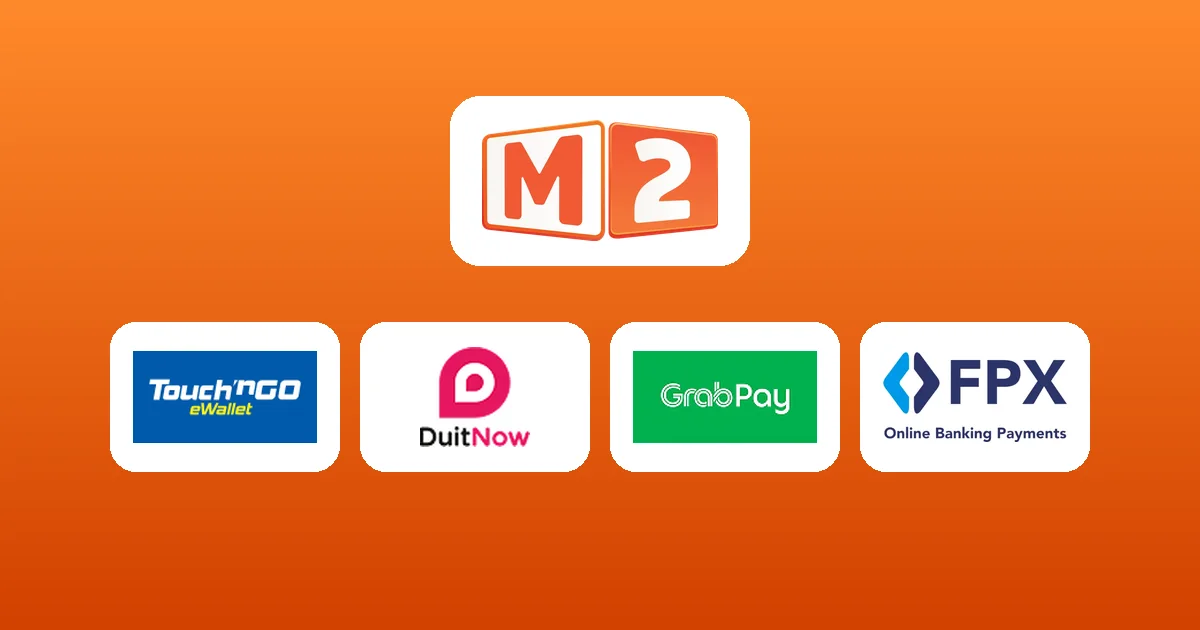 Touch 'n Go, DuitNow, GrabPay and FPX logos beneath the M2 mark